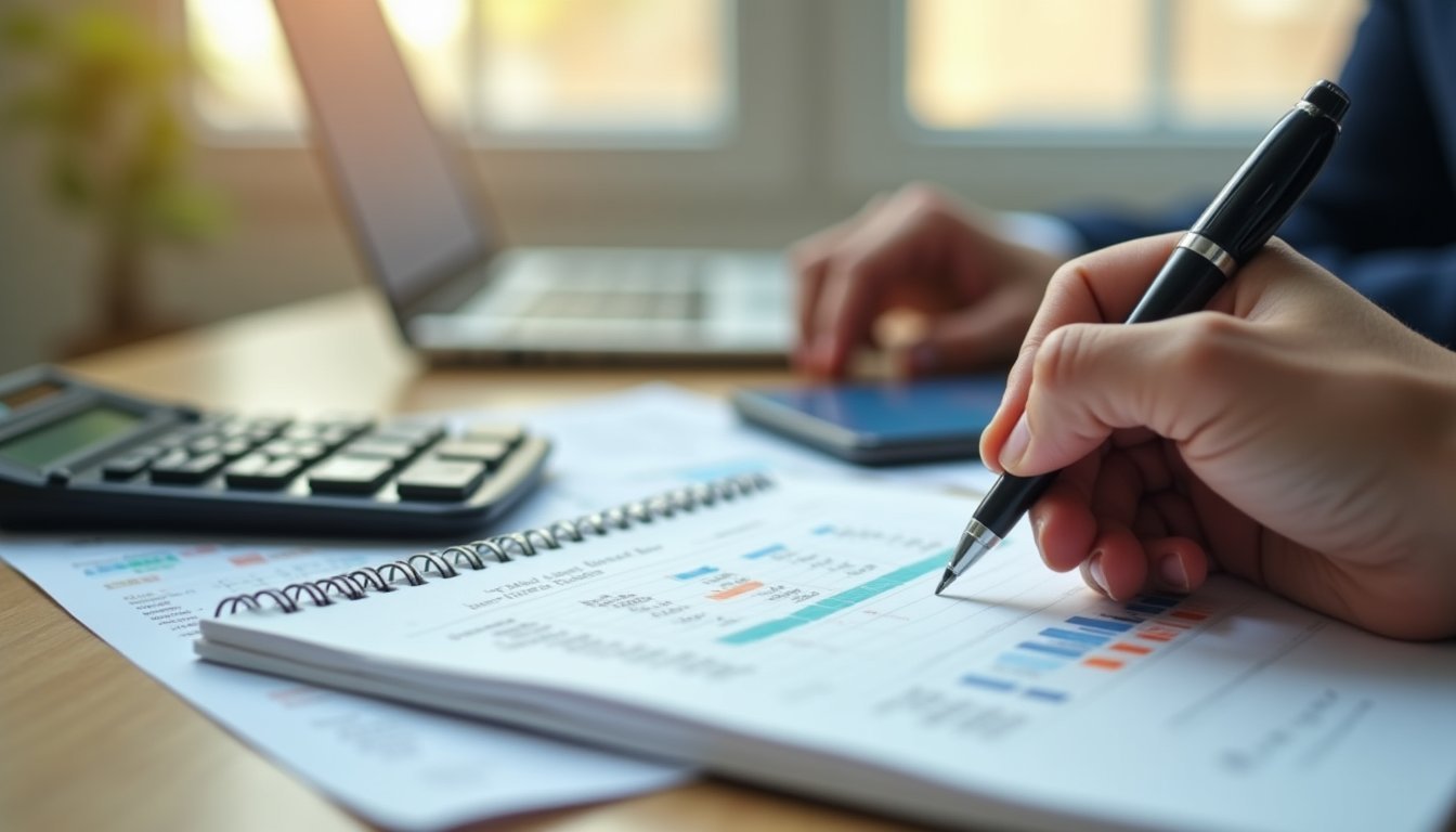 Mão escrevendo cálculos financeiros em caderno ao lado de calculadora e laptop com planilha