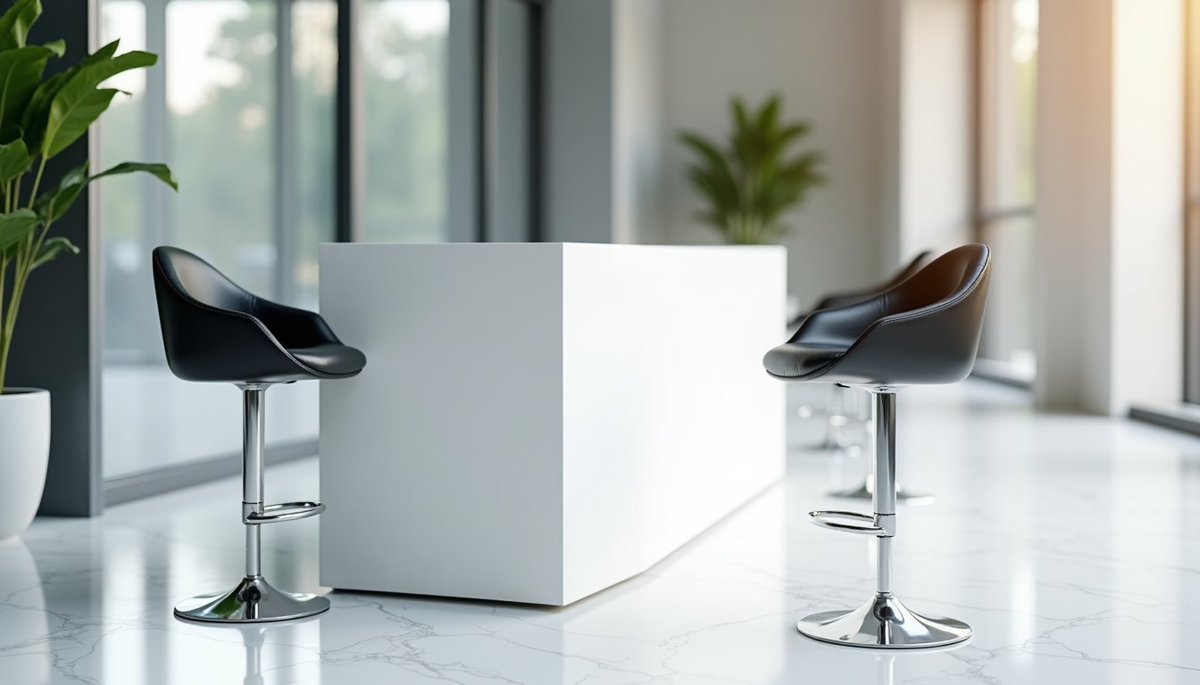 Balcão de credenciamento branco moderno com banquetas altas cromadas em ambiente corporativo iluminado