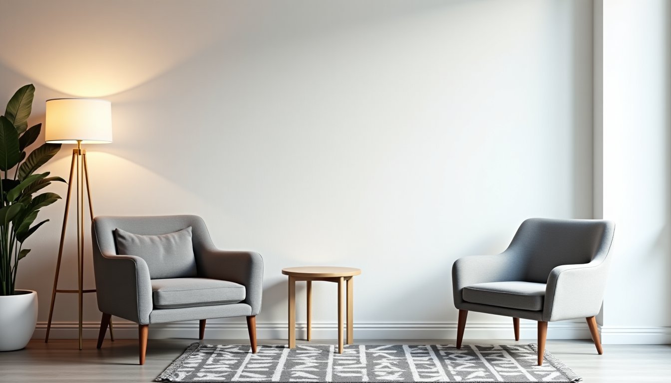 Poltrona cinza estofada com mesa lateral redonda em lounge corporativo minimalista com tapete geométrico