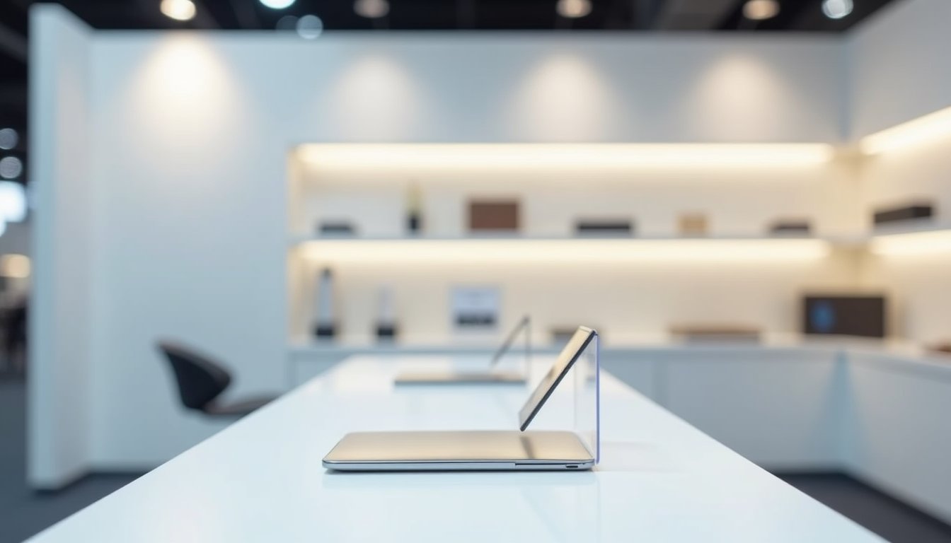 Estante expositora branca com porta-folhetos acrílico e suporte para tablet em estande de feira corporativa