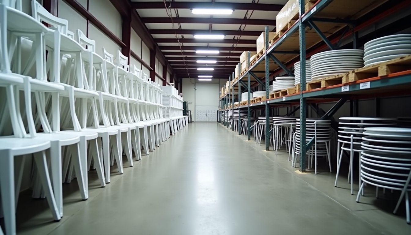 Sala de estoque organizada com cadeiras dobráveis brancas empilhadas, mesas redondas dobráveis na vertical e banquetas altas dispostas em linha, representando a variedade de mobiliário disponível para locação de eventos