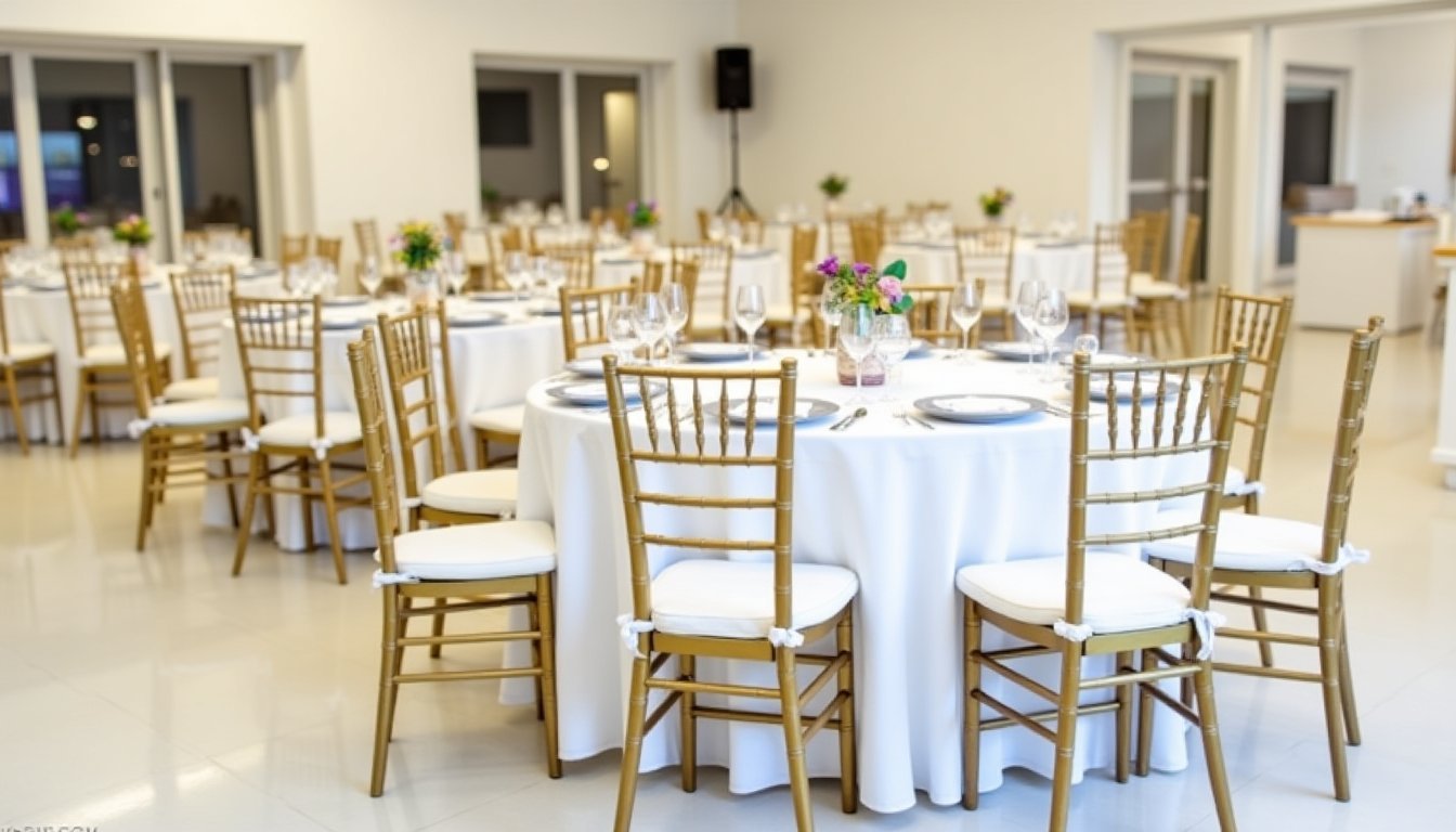 Mesas redondas com toalhas brancas e cadeiras tiffany douradas organizadas em salão de festas para evento de 100 pessoas