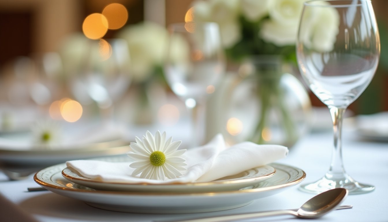 Detalhe de mesa de casamento elegante com louças, taças de cristal e decoração refinada