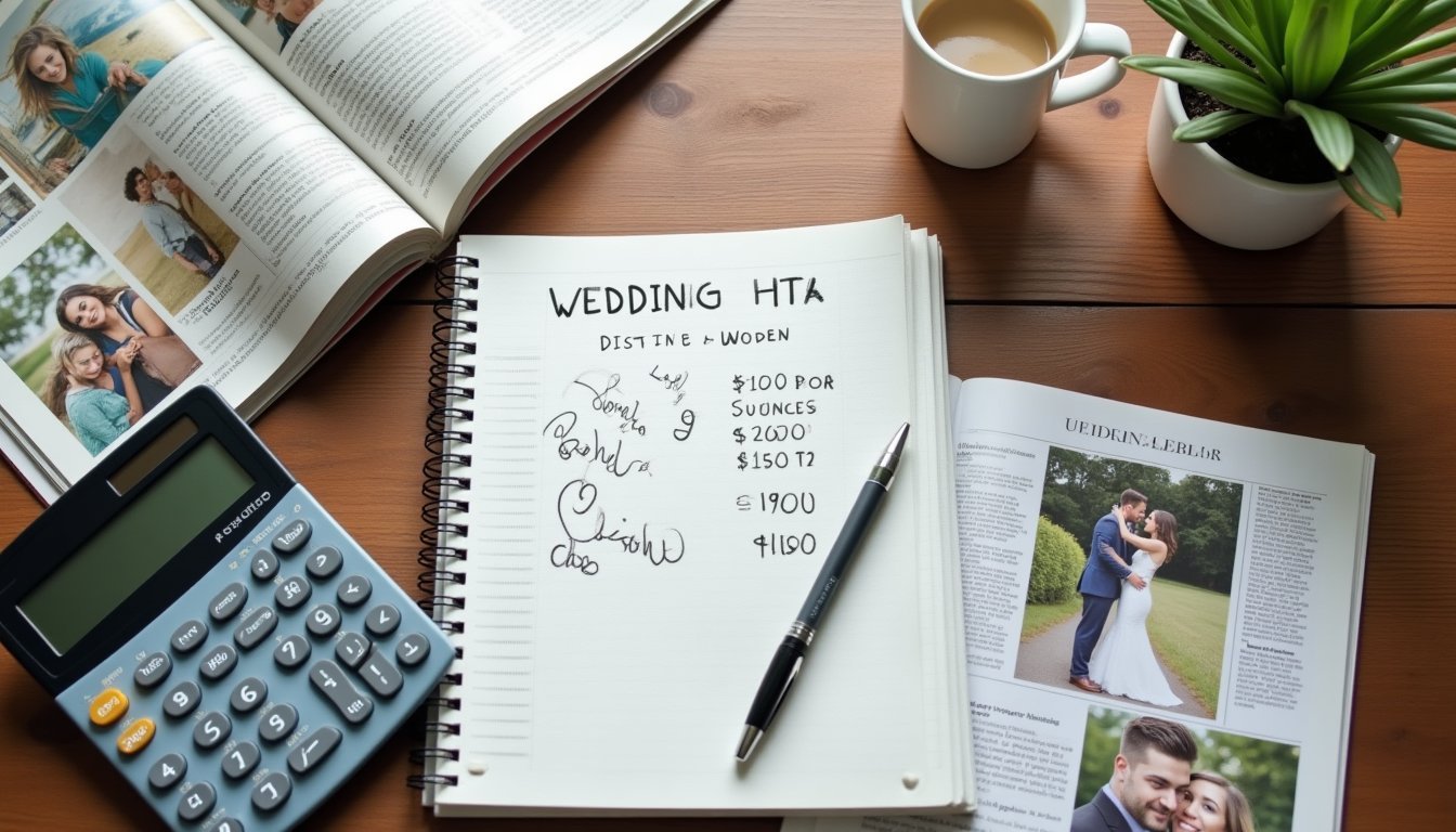 Planejamento de orçamento de casamento com calculadora, caderno e revista sobre mesa de madeira