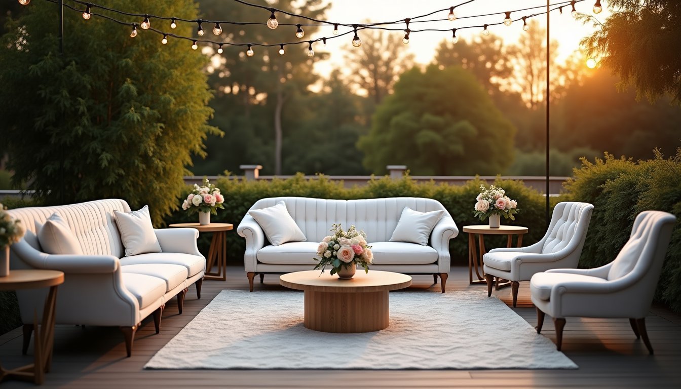 Lounge de casamento sofisticado com sofás, poltronas, bistrôs e iluminação ambiente ao ar livre